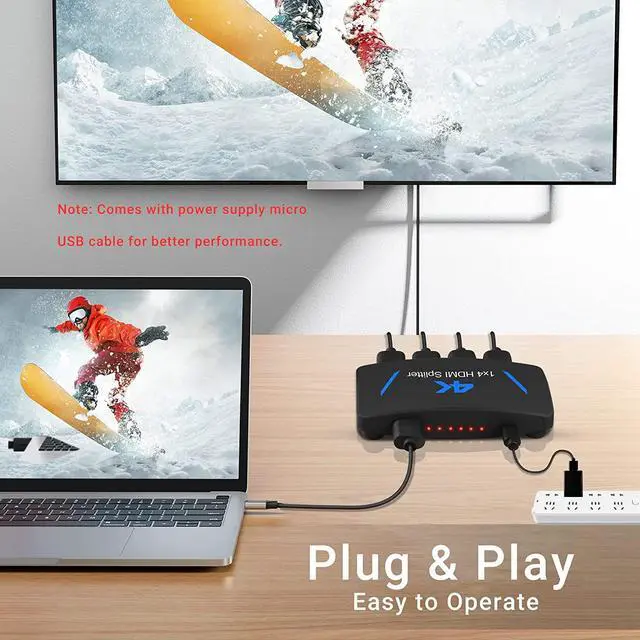 Alt view image 3 of 7 - 4K HDMI Splitter 1 in 4 Out, Jansicotek 4 Way HDMI Splitter 1x4 4Kx2K@30Hz W/AC Adapter, Mirror Duplicate Support 4Kx2K@30Hz 3D HDCP1.4b HDCP1.4 for PS4 Fire Stick HDTV