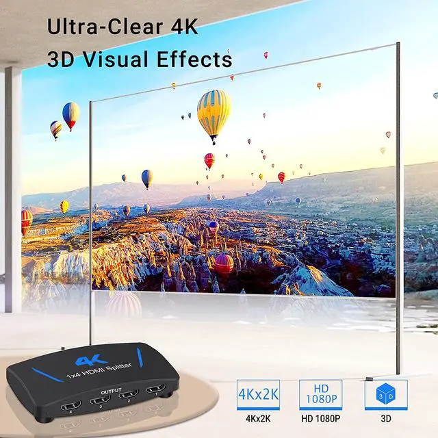 Alt view image 5 of 7 - 4K HDMI Splitter 1 in 4 Out, Jansicotek 4 Way HDMI Splitter 1x4 4Kx2K@30Hz W/AC Adapter, Mirror Duplicate Support 4Kx2K@30Hz 3D HDCP1.4b HDCP1.4 for PS4 Fire Stick HDTV