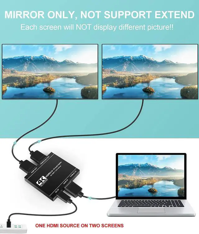 Alt view image 4 of 7 - HDMI Splitter 1x2 with Audio Extractor(HDMI Audio Output), 1 in 2 Out Audio Video Distributor Box, HDMI 2.0b, HDCP 2.2, HDR, Support 4K@60Hz Ultra HD 3D for PS4, Xbox, STB, Blu-ray DVD Players