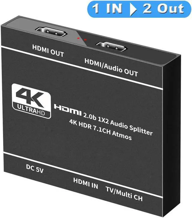 Main image of HDMI Splitter 1 in 2 Out with Audio Extractor(Support HDMI Audio Output), 4K 1x2 HDMI Splitter for Dual Monitors HD 1080P 3D Splitter, Supports HDCP2.2, Xbox PS3/4/5 Sky Box Fire Stick DVD Player