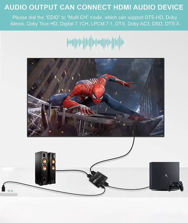 Alt view image 5 of 7 - 4K@60HZ HDMI Splitter 1 in 2 Out with Audio Extractor(Support HDMI Audio Output), HDMI Splitter 1 to 2 Amplifier for Full HD HDMI 2.0 1080P/ 3D/ 4K for Xbox PS4 PS3 Fire Stick Roku Blu-Ray Player