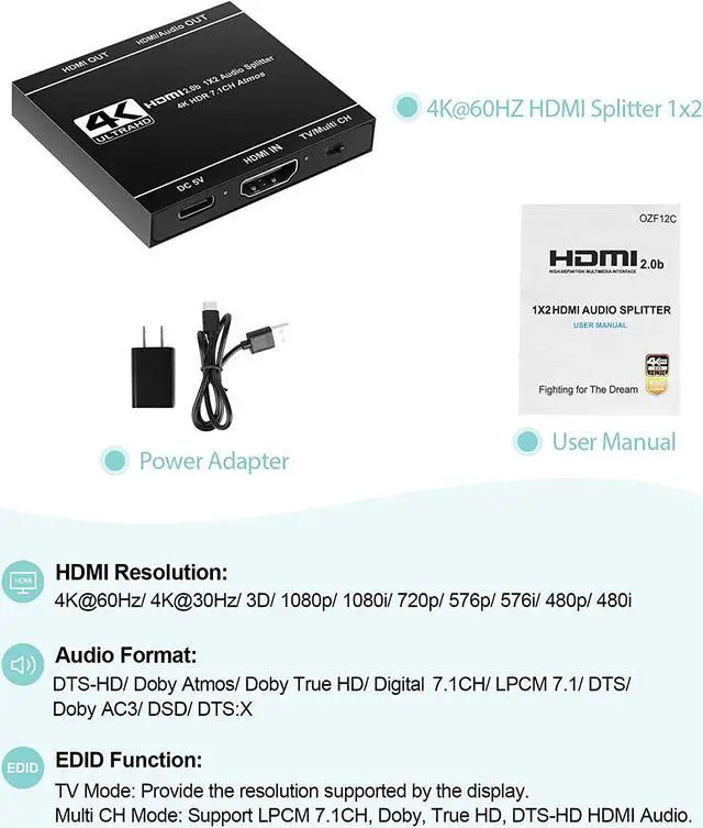 Alt view image 7 of 7 - 4K@60HZ HDMI Splitter 1 in 2 Out with Audio Extractor(Support HDMI Audio Output), HDMI Splitter 1 to 2 Amplifier for Full HD HDMI 2.0 1080P/ 3D/ 4K for Xbox PS4 PS3 Fire Stick Roku Blu-Ray Player