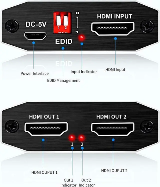 Alt view image 3 of 7 - HDMI Splitter 1 in 2 Out with EDID mode- 4K Ver HDMI2.0 HDCP2.2, Powered HDMI Splitter Supports HDCP 2.2 3D 4K@60HZ Full HD1080P for Xbox PS4 PS3 Fire Stick Roku Blu-Ray Player TV