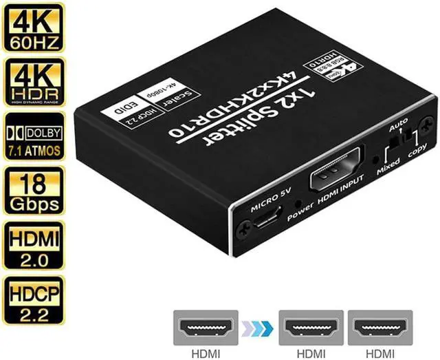 Main image of 4K HDMI Splitter 1 in 2 Out,  1x2 HDMI Splitter Duplicate/ Mirror Screen with EDID, 2 Port HDMI Splitter Powered Support 4Kx2K@30Hz 3D for PS5, Roku, TV Box - 1 Source to 2 Displays