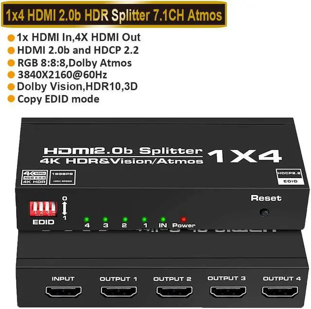 Main image of 4K@60Hz HDMI Splitter 1 in 4 Out EDID, Jansicotek Aluminum HDMI Splitter for 4 Monitors Duplicate/Mirror with Same Image, 1x4 HDMI2.0b Splitter HDCP2.2 for Xbox, PS5, Roku (1 Source onto 4 Displays)