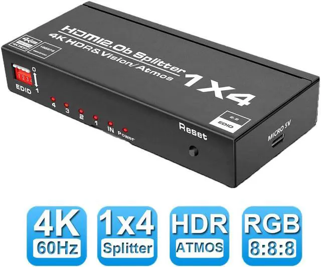 Main image of Hdmi Splitter 4K@60Hz,Jansicotek Hdmi Splitter 1 in 4 Out for 4 Monitors Duplicate/Mirror, Four Hdmi Adapter for 4 Monitors Support EDID, HDCP2.2, 18.5Gbps, Full HD 1080P 3D HDR10