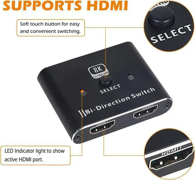 Alt view image 7 of 7 - 8K 4K 120Hz HDMI 2.1 Switcher Splitter, Bi-Directional 1x2/2x1 , 2 Port HDMI Switcher Selector Box , Supports 8K@60Hz, 4K@120Hz, 4K@60Hz 48Gbps High Speed for PS4/5 Roku Xbox TV Monitor