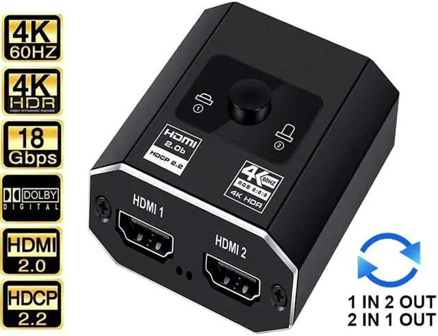 Main image of 18Gbps 2-Port 4K HDMI 2.0b Switch with HDMI Cable 1080p 120hz / 4K 60hz, 2-Port 4k Bi-Directional 1x2/2x1 4K for PS5, Xbox Series X/S, Apple TV, Gaming Monitor, TV and More