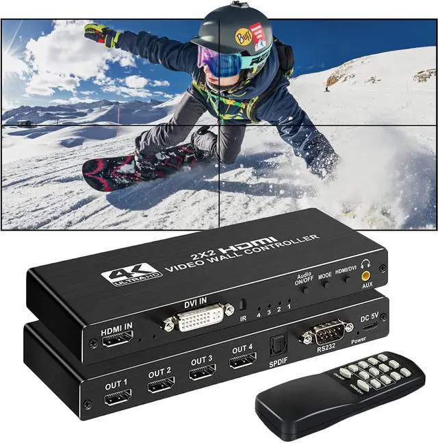 Main image of 2x2 Video Wall Processor Controller  1080P@60Hz Output, 4K @30Hz Input, 1 HDMI Input & 4 Outputs with RS232 , 8 Modes, 180º Rotation, Support 8 Display Modes -1x2, 1x3, 1x4, 2x2, 4x1, 3x1, 2x1