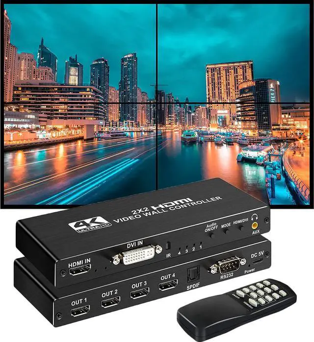 Main image of Video Wall Controller 2x2 4K 30Hz Processor HDMI 1.4 HDCP 1.4 Support 8 Display Modes -1x2, 1x3, 1x4, 2x2, 4x1, 3x1, 2x1 with 1 DVI or HDMI Input 4 HDMI Output