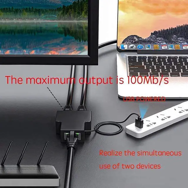 Alt view image 7 of 7 - Ethernet Splitter 1 to 2 RJ45 Network Adapter with USB Power Cable, Suitable for Computer/Router/Network Box with RJ45 Interface, Compatible with Cat5/5e/6/7