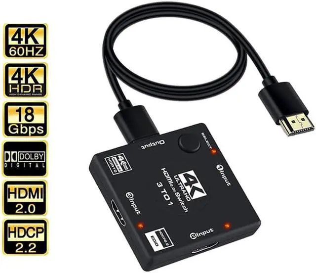 Main image of HDMI Switch 4K 60Hz,  HDMI 2.0 Switcher 3 in 1 Out, 3 Port HDMI Selector Box with 3.9FT HDMI Cable Support HDCP 2.2 HDR10 3D 18Gbps for Xbox PS4 Roku HDTV Monitor