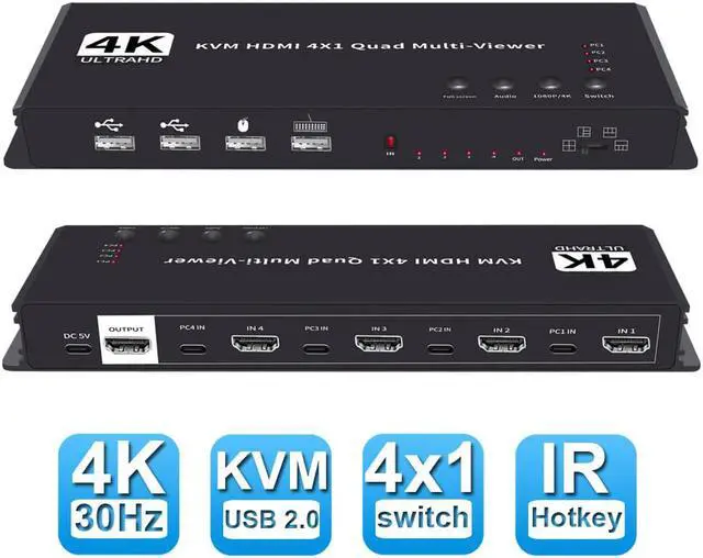 Main image of 4K HDMI KVM Multiviewer Switch 4x1, HDMI Quad Seamless Switcher/Screen Divider 4 in 1 Out with IR Remote Control, Support 4K, 1080P, HDCP 1.4 and 5 Display Modes