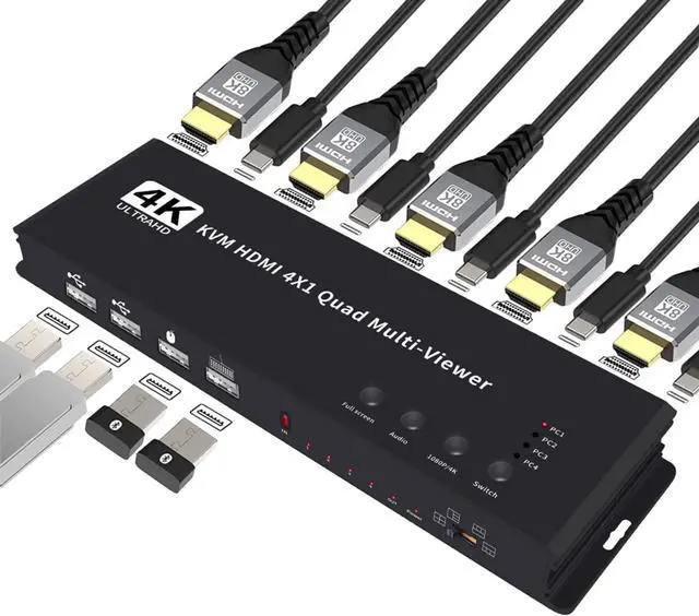 Main image of HDMI 4X1 Quad Multi Viewer Seamless Switcher, Support 4K@30Hz HDMI Multiviewer Switcher 4 in 1 Out, Support IR Remote Control Switching, 4K, 1080P, HDCP 1.4 and 5 Display Modes