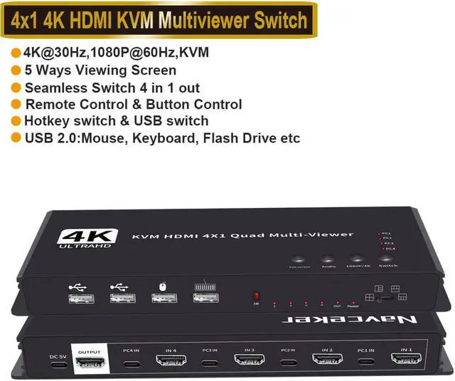 Main image of HDMI 4x1 Multi-viewer kvm switcher 4K Seamless Quad Screen Real Time Multi Viewer Splitter 4 in 1 out HDMI Switch Adapter with IR for Security Camera, PS4, Laptop, Monitor (Multiviewer 4K30Hz)