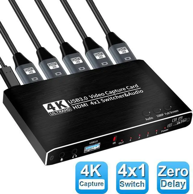 Main image of 4K@30Hz 4x1 Audio Video Capture Card Seamless Switch,HD Video Capture,HDMI USB3.0 Video Grabber Device with Mic & Audio for Game Recording, Live Streaming Broadcasting