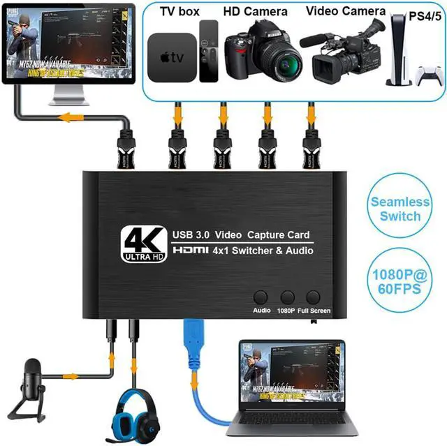 Alt view image 5 of 7 - 4x1 4K@30Hz External Capture Card Seamless Switch, Stream and Record in 4K 30fps with HDMI Loop Microphone & Audio for PS5, PS4/Pro, Xbox Series X/S, Xbox One X/S,  works with PC and Mac