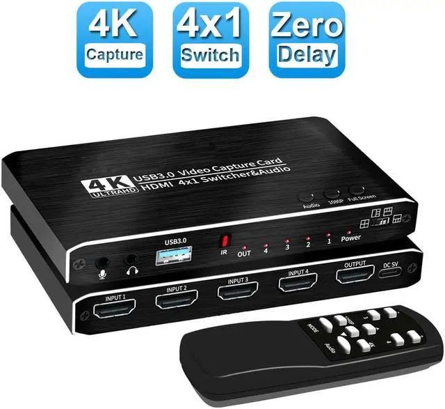 Main image of 4x1 Audio Video Capture Card Seamless Switch with Mic & Audio 4K@30Hz HDMI Loop-Out, 4K 30fps Video Recorder for Gaming/Live Streaming/Video Conference, Works for Nintendo Switch/PS4/OBS/Camera/ PC