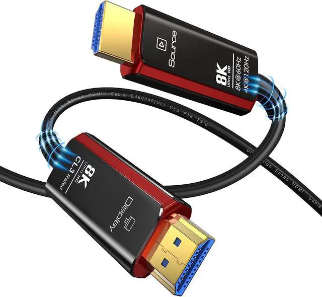 Main image of 33FT HDMI 2.1 8K Fiber Optic Cable 8K@60Hz 4K@120Hz Dynamic HDR/eARC/HDCP 2.3 Slim Flexible Suitable for Laptop Monitor RTX 3080 3090 Xbox Series X PS5, (Black+Red)