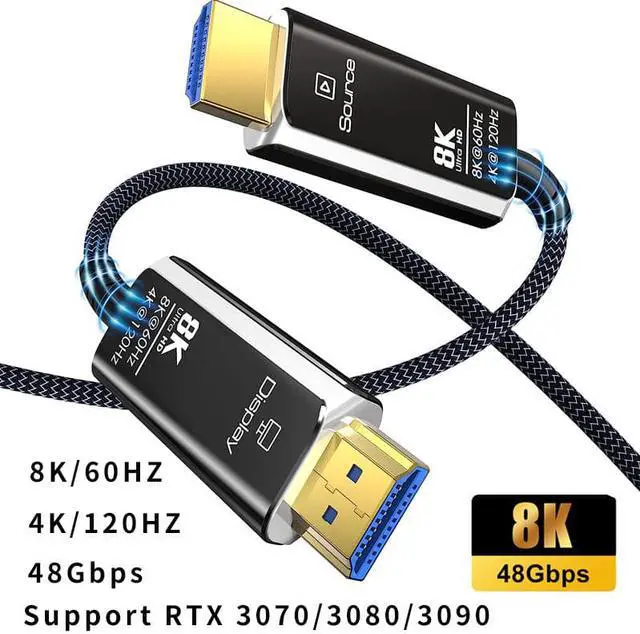 Main image of 50ft 8K Fiber Optic HDMI 2.1 Certified Cable Braided Nylon, 48Gbps 8K@60HZ 4K@120Hz High Speed Cord, Rated CL3, eARC/HDCP 2.3, for Samsung Sony TV, PS5, Xbox, Roku, Steam Deck, (Black+White)