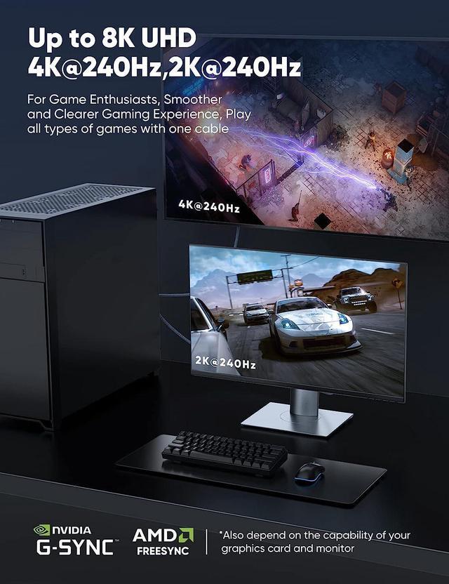 Alt view image 4 of 7 - DisplayPort to DisplayPort Cable 8K DP1.4 Cable Nylon Braided (8K@60Hz 4K@120Hz 165Hz 144Hz),Ultra High Speed DP to DP Cable 6.6FT Compatible with Laptop PC TV Gaming Monitor
