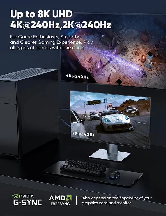 Alt view image 4 of 7 - 8K DisplayPort Cable 16.4ft, 32.4Gbps High Speed DP 1.4 Braided Display Port Cord, 8K 60Hz HDR, 4K/60Hz, 1080p, 3D Compatible for Gaming Monitor Graphics Card TV PC Laptop