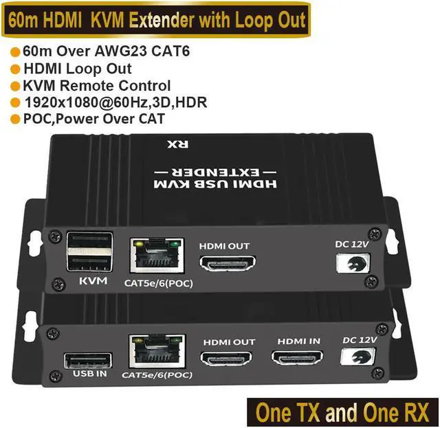 Main image of USB KVM and HDMI Over Cat5/Cat5e/Cat6 Extender  196ft Extension, 1080p HDMI Video, 2X USB Keyboard/Mouse, Near Zero Latency, HDMI Loopout, ESD Protection, Transmitter and Receiver