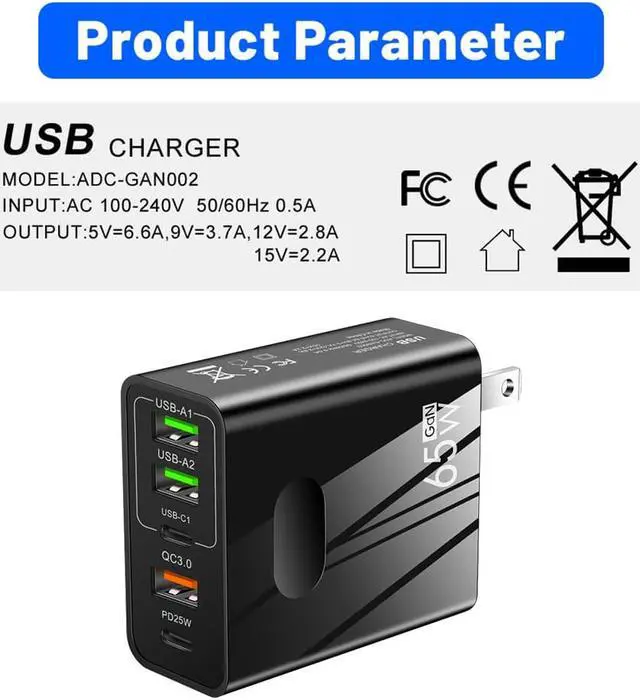 Main image of 65W GaN USB C Quick Charger QC4.0 QC PD 3.0 TypeC 5 Port Supercharge Plug For iPad iPhone Huawei Samsung Xiaomi Universal Fast Charger - Black