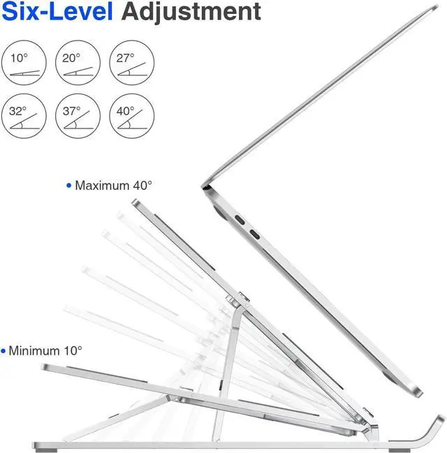 Alt view image 2 of 8 - Laptop Stand, Portable Laptop Holder Computer Stand for Desk, Aluminum Foldable Laptop Riser with 6 Levels Height Adjustment, Compatible with MacBook, HP, Lenovo, Dell, 10-15.6" Laptops - Silver
