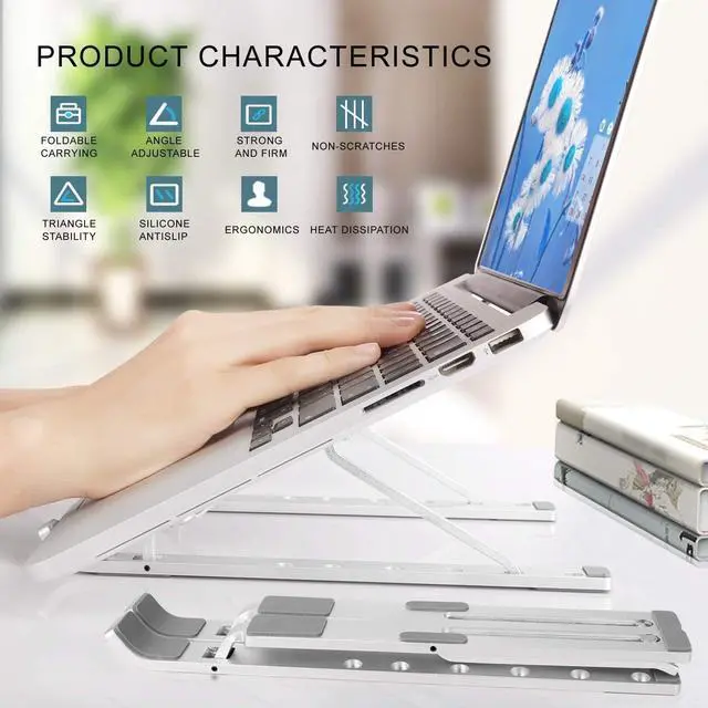 Alt view image 6 of 8 - Laptop Stand, Portable Laptop Holder Computer Stand for Desk, Aluminum Foldable Laptop Riser with 6 Levels Height Adjustment, Compatible with MacBook, HP, Lenovo, Dell, 10-15.6" Laptops - Silver