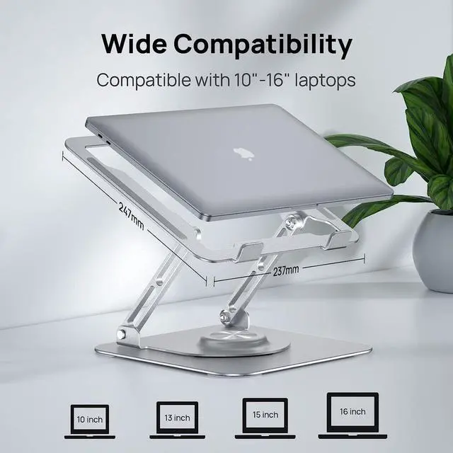 Alt view image 2 of 7 - Laptop Stand for Desk, Adjustable Laptop Riser with 360° Rotating Base, Ergonomic Laptop stand with Multi-Angle Stand and Heat-Vent, Foldable&Portable Laptop Stand, fits for 10-16" Laptops (Silver)