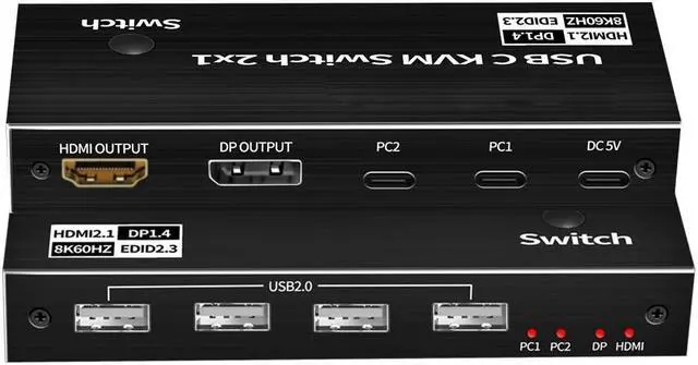 Main image of 2X1 USB-C KVM Switch 2 PCs Share 1 Monitor and 4 USB Devices, 8K@60Hz USB C KVM Switch, 2 Channel Type C PC to one HDMI/DP Output and 4 USB Devices with 2 Type-C Cables