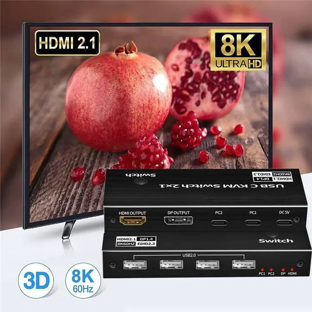 Alt view image 7 of 8 - 2X1 USB-C KVM Switch 2 PCs Share 1 Monitor and 4 USB Devices, 8K@60Hz USB C KVM Switch, 2 Channel Type C PC to one HDMI/DP Output and 4 USB Devices with 2 Type-C Cables