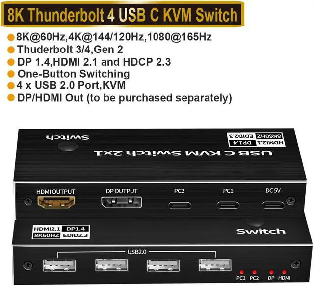 Main image of 2x1 USB-C KVM Switch, HDMI DP KVM Switch USB Switch for 2 Computers Sharing Mouse Keyboard Printer to One HD Monitor, Support 8K@60Hz, 2 USB-C Cables Included