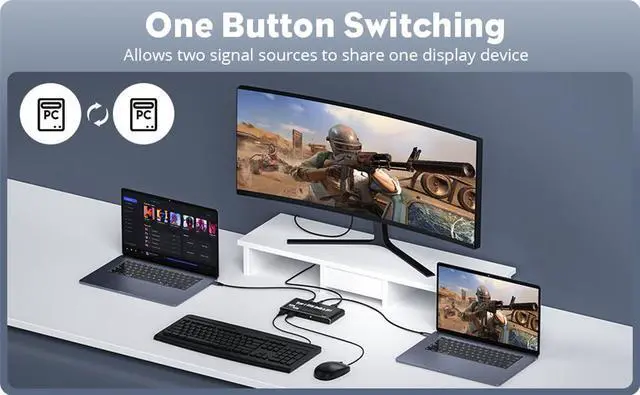 Alt view image 3 of 7 - USB C KVM Switch 8K@60Hz 4K@120Hz, 2 in 1 Out Type-C KVM Switch 100W Power Delivery for 2 Computers Share 1 HDMI/DisplayPort Monitor, 3 USB Devices, 3.5mm Audio,2 USB-C Cables Included