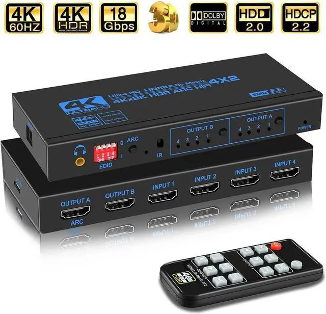 Main image of Jansicotek HDMI Matrix Switch 4x2 4K@60Hz RGB 8:8:8, YUV 4:4:4 HDR ARC/SPDIF 5.1CH, 3.5mm Stereo Audio,  HDCP 2.2 18Gbps, Matrix Splitter 4 in 2 Out with EDID Extractor and Remote Control (OZJ2-1)
