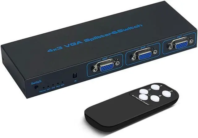 Main image of 4 Port Powered VGA Splitter 4 in 3 Out 250Mhz Video Distribution Duplicator for 4 Devices to 3 Monitors Projector