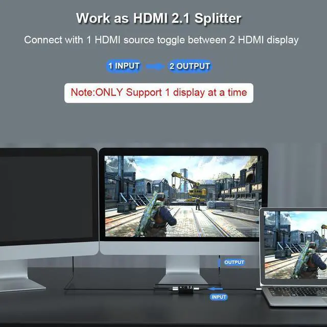 Alt view image 5 of 7 - HDMI Switch 4K120hz,HDMI2.1 Selector 2 in 1 Out or 1 in 2 Out,Aluminum Case, HDCP 2.3,Steadily Supports UHD 4K@120Hz,8K@60Hz for HDTV/Blu-Ray Player/DVD/DVR/Xbox(Aluminum Alloy case)