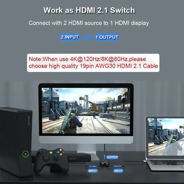 Alt view image 4 of 7 - HDMI 2.1 Switch, 8K HDMI Switcher Bi-Directional  Splitter 2 in 1 Out/1 in 2 Out, Supports 4K@120Hz,8K@60Hz, 48Gbps Aluminum Ultra HD HDMI Hub Compatible with PS5/4,Xbox,TV,Fire Stick