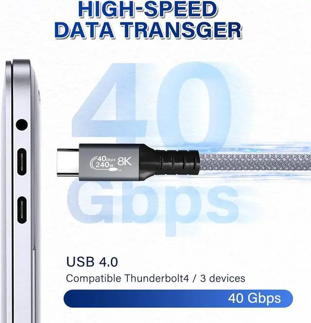 Alt view image 3 of 7 - USB 4.0 240W Fast Charging 40Gbps Data Type-C Cable - Thunderbolt 3/4 Compatible, 8K@60Hz Video, Dual 4K Video - for All USB-C Devices, Hub, eGPU, Gaming PC (4ft)