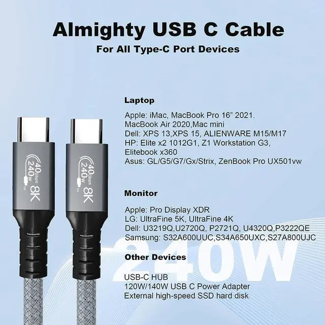 Alt view image 6 of 7 - USB 4.0 240W Fast Charging 40Gbps Data Type-C Cable - Thunderbolt 3/4 Compatible, 8K@60Hz Video, Dual 4K Video - for All USB-C Devices, Hub, eGPU, Gaming PC (4ft)