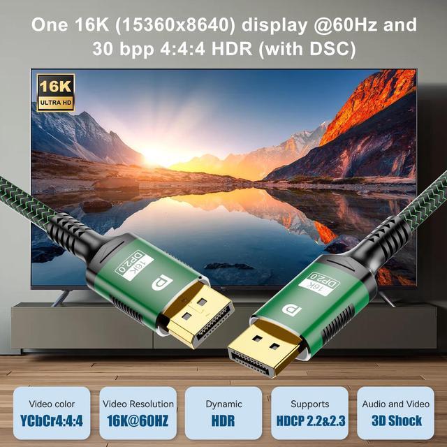 Alt view image 6 of 7 - 16K DisplayPort 2.0 Cable 3.3FT, DP2.0 Cable 240hz,Ultra High Speed 80Gbps, DP Cable 16K@60Hz, 8K@120Hz, 4K@240Hz, HDR, HBR3 Display Port Cord for Laptop/PC/TV/Gaming Monitor