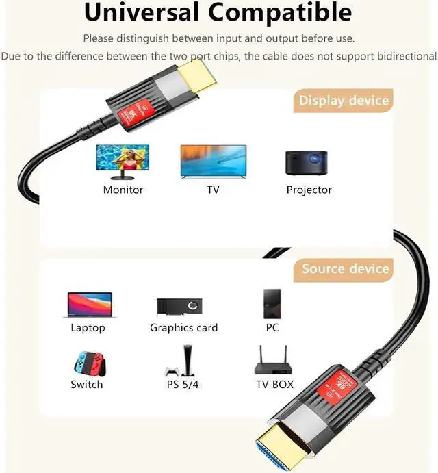 Alt view image 5 of 7 - CL3 Rated (in-Wall Installation) 8K @60Hz Fiber Optic HDMI Long Cable 65 ft / 20m - Supporting 8K@60Hz 4K@120Hz HDR - Compatible with Xbox Series X, PS5, PC, Projector
