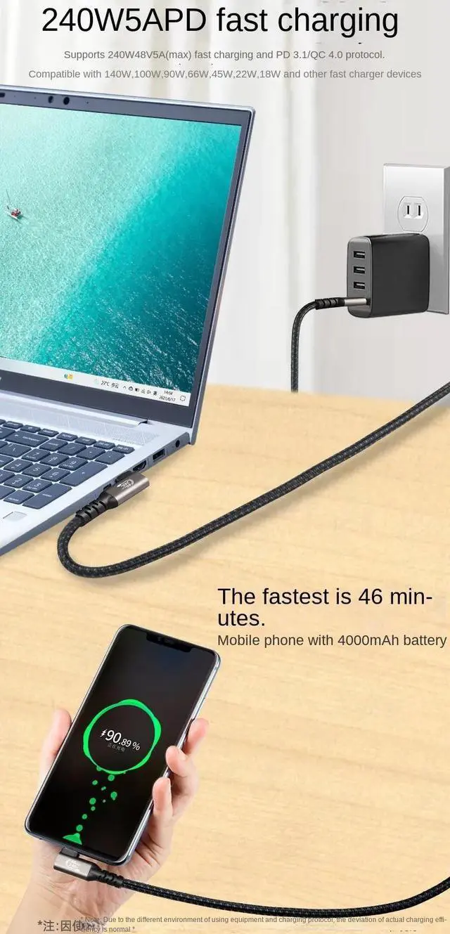 Alt view image 5 of 7 - 8K 60Hz USB C Charger Cable, Right Angle Nylon Braided USB4.0 USBC to USBC Cable 240W Fast Charging Type C Cable for MacBook Pro, Dell XPS, iPad Pro/Air, Samsung Galaxy S23 Ultra/S22 Ultra (5FT)