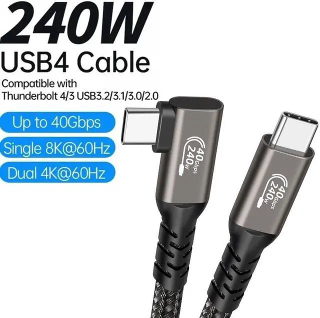 Main image of 8K 60Hz USB C Charger Cable, Right Angle Nylon Braided USB4.0 USBC to USBC Cable 240W Fast Charging Type C Cable for MacBook Pro, Dell XPS, iPad Pro/Air, Samsung Galaxy S23 Ultra/S22 Ultra (3.3FT)