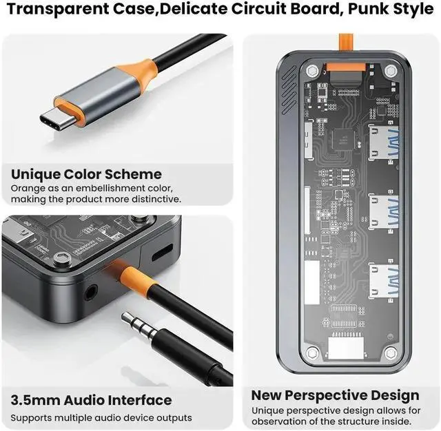 Alt view image 6 of 7 - Transparent  USB C Laptop Docking Station, 10 in 1 Type C Hub Multiport Adapter Dongle with4k HDMI, VGA, 100w PD, 1000M Ethernet, SD/TF, 3*USB A Ports, Mic/Audio, Compatible for Laptops