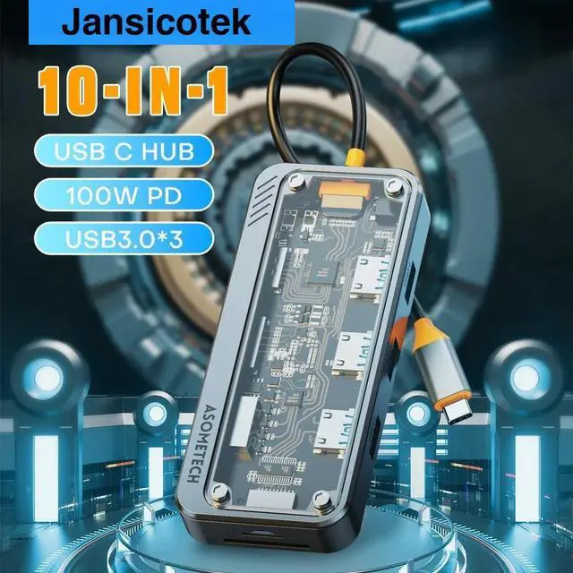 Main image of Transparent Docking Station, USB C Adapter, 10 in 1 Multiport Dongle with HDMI 4K, 1000Mbps,VGA, 3 USB3.0, 100W PD, SD/TF Card Reader,3.5mm Audio for MacBook Pro Air Type C Laptops