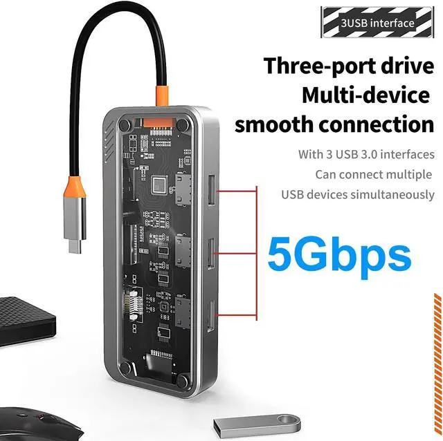 Alt view image 5 of 7 - Transparent Docking Station, USB C Adapter, 10 in 1 Multiport Dongle with HDMI 4K, 1000Mbps,VGA, 3 USB3.0, 100W PD, SD/TF Card Reader,3.5mm Audio for MacBook Pro Air Type C Laptops