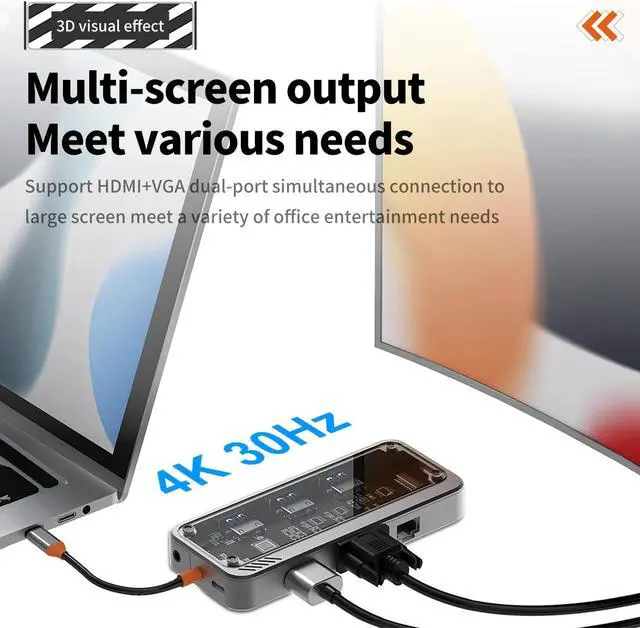 Alt view image 2 of 8 - 10 in 1 USB C Laptop Docking Station for Notebook Laptop USB C Hub Multiport Adapter Dongle Dock,USB C to HDMI+VGA+Ethernet+100W USB C Power Charging Port+3USB+SD/TF+Audio