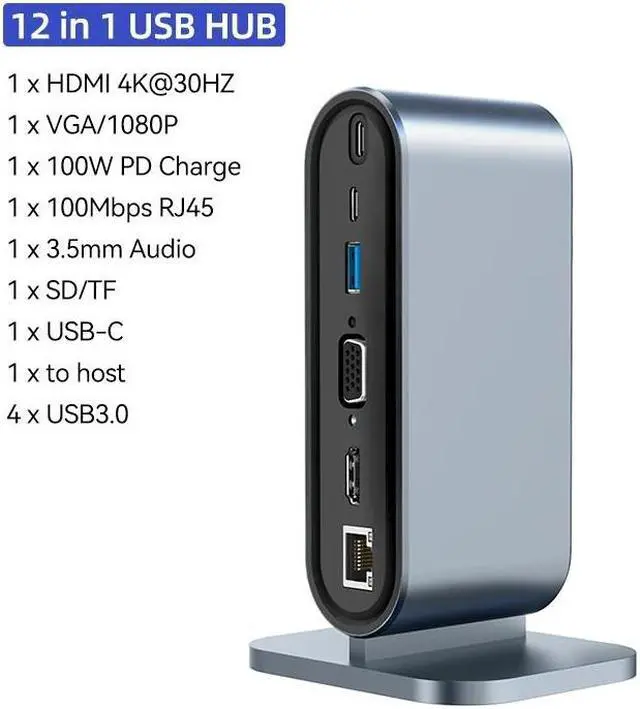 Main image of 12 in 1 USB C Laptop Docking Station for Notebook Laptop USB C Hub Multiport Adapter Dongle Dock,USB C to HDMI+VGA+Ethernet+100W USB C Power Charging Port+4USB+SD/TF+Audio+USB-C data port